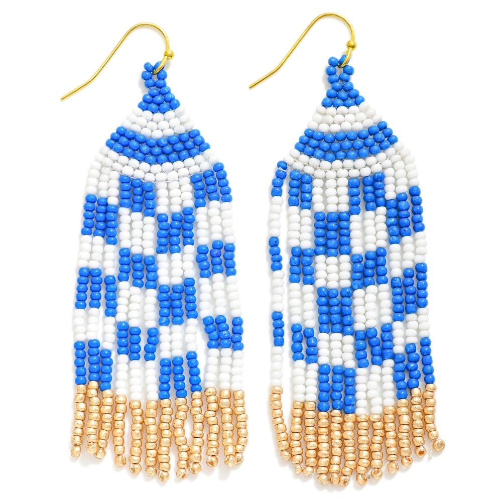 Checkered Seed Bead Tassel Drop Earrings