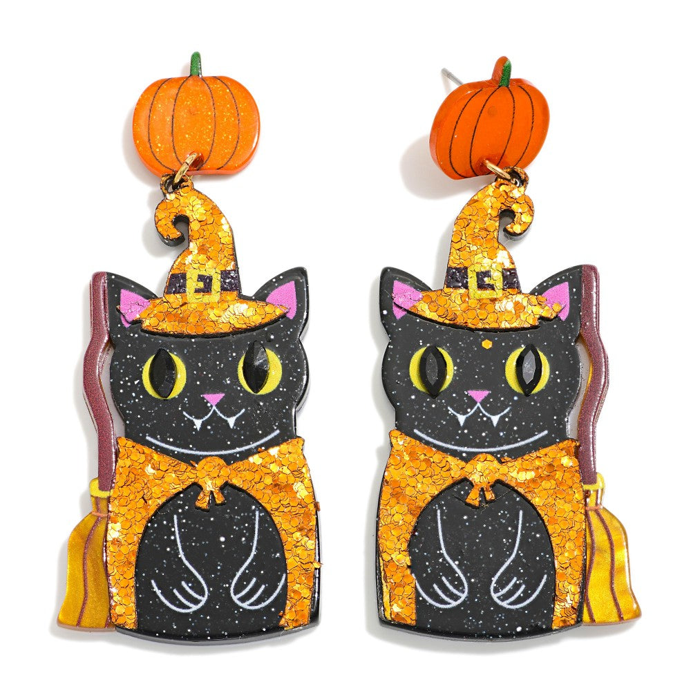 Pumpkin Post Glitter Witch Cat Drop Earrings