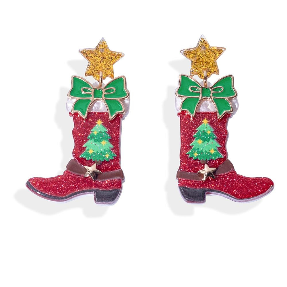 Glitter Christmas Cowgirl Boot Drop Earrings