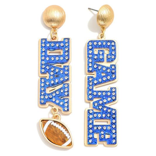 Metal Backed Rhinestone Studded Glitter Acetate "Game Day" Drop Earrings With Football Charm