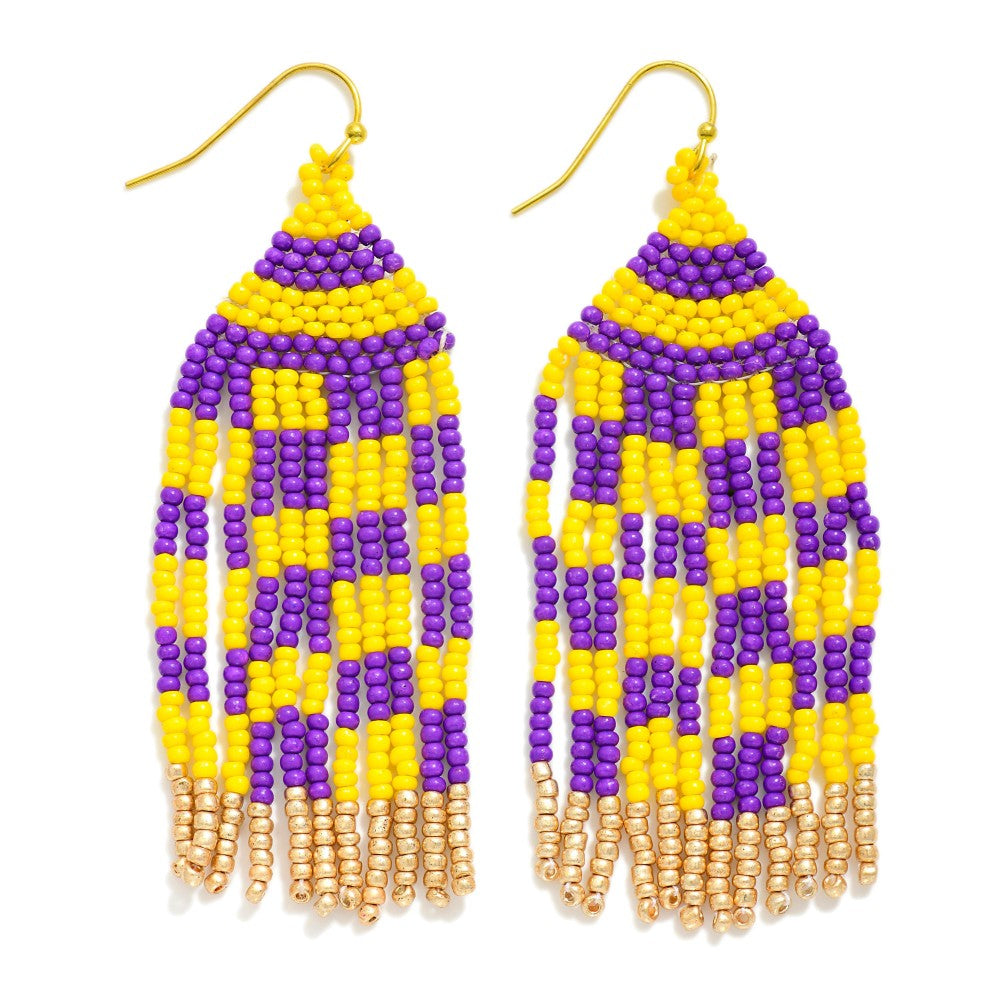 Checkered Seed Bead Tassel Drop Earrings