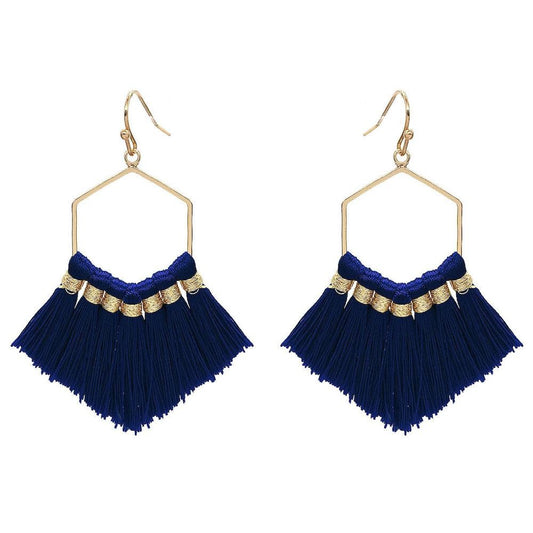 Fringe Tassel Hexagon Drop Earrings Navy