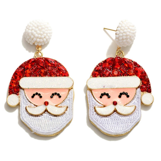 Glitter Santa Drop Earrings Featuring Rhinestone and Beaded Accents