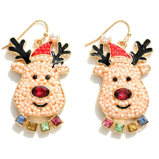 Beaded Reindeer Drop Earrings