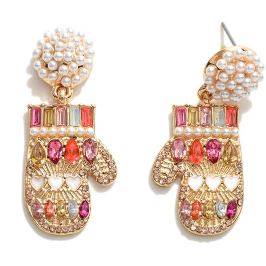 Rhinestone Encrusted Mitten Drop Earrings.