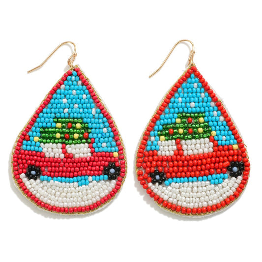 Seed Beaded Teardrop Christmas Truck Drop Earrings