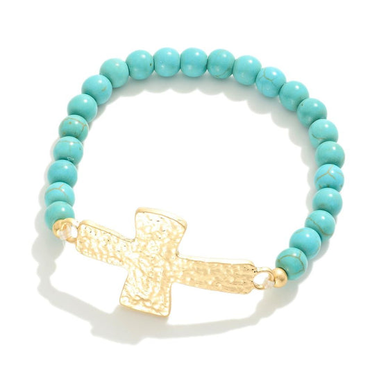 Stone Beaded Stretch Bracelet With Cross