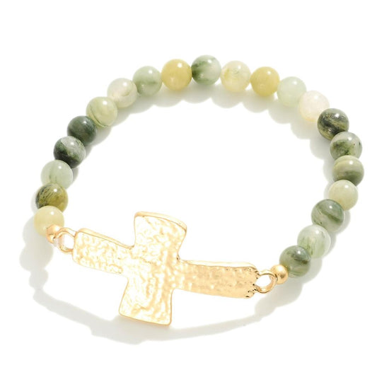 Stone Beaded Stretch Bracelet With Cross