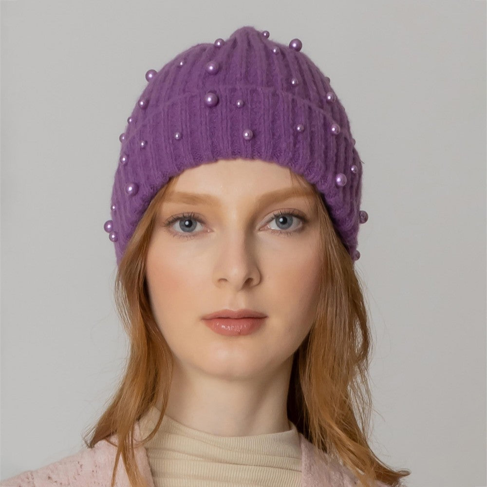 Ribbed Beanie with Beaded Accents