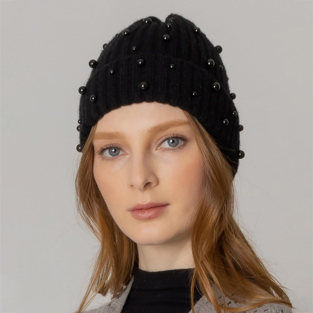 Ribbed Beanie with Beaded Accents