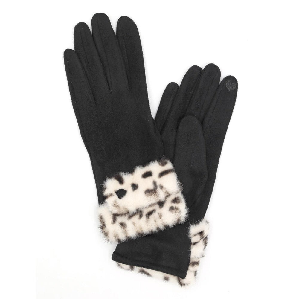 Faux Leopard Fur Cuffed Faux Suede Gloves