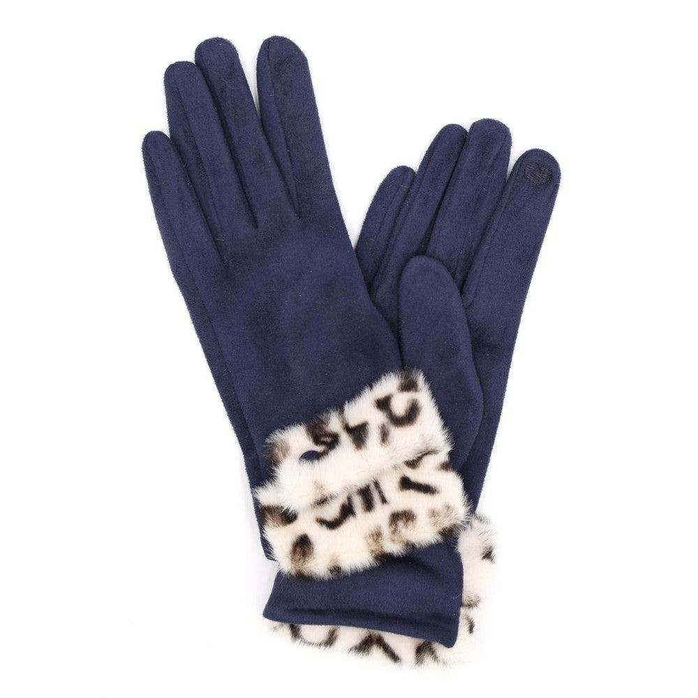 Faux Leopard Fur Cuffed Faux Suede Gloves