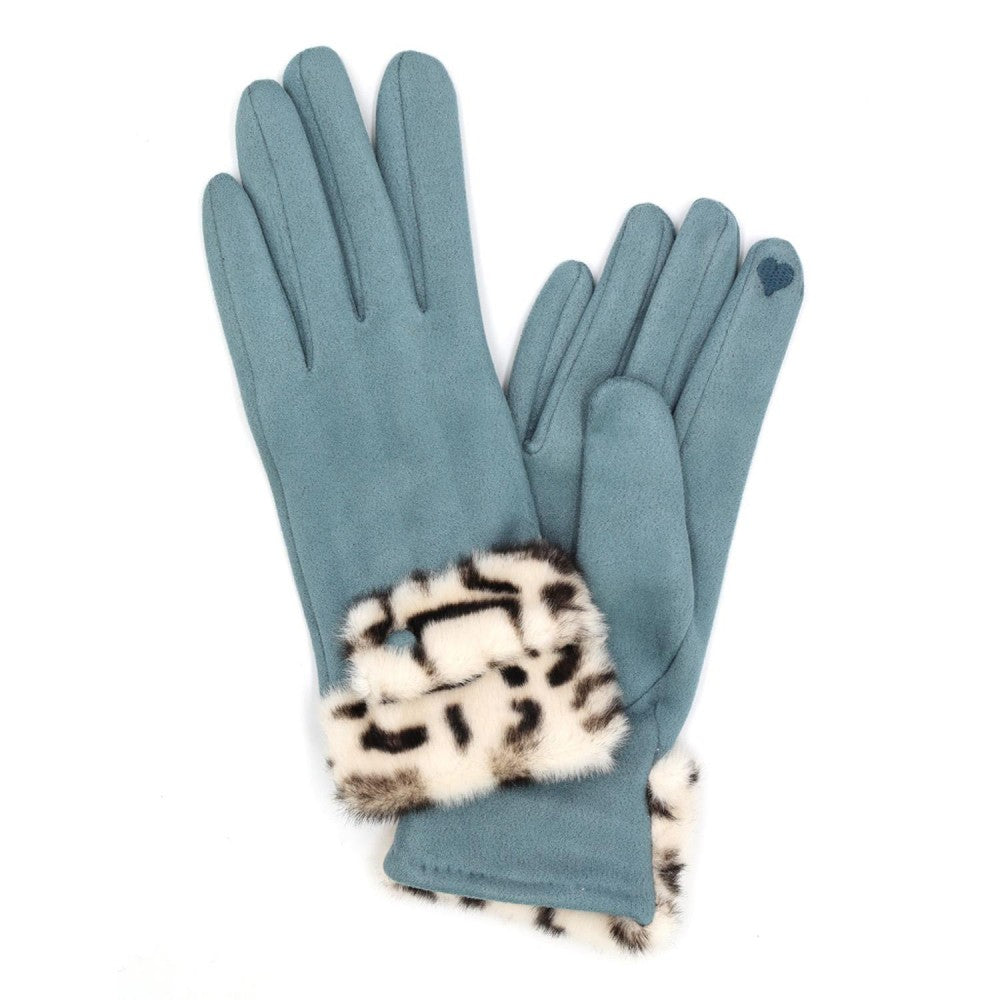 Faux Leopard Fur Cuffed Faux Suede Gloves