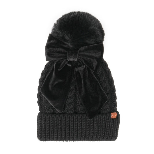 Cable Knit Pom Cuffed Beanie With Removable Bow