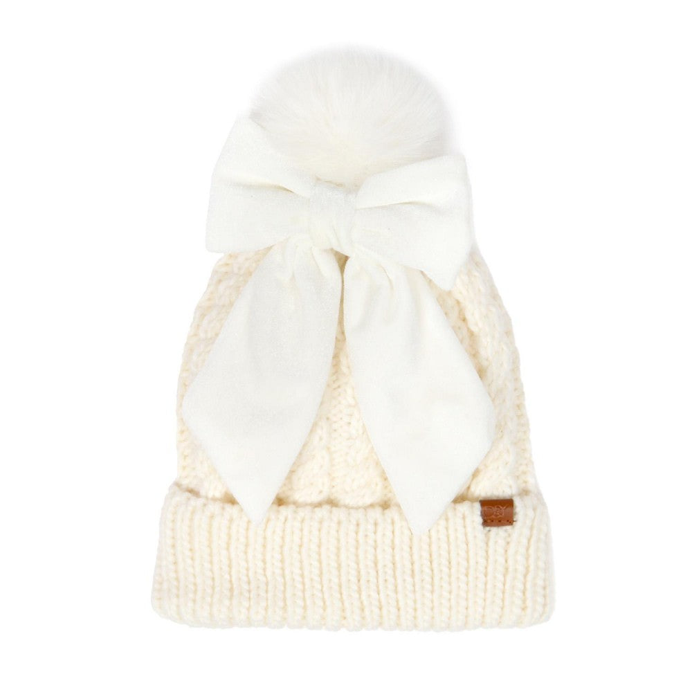 Cable Knit Pom Cuffed Beanie With Removable Bow