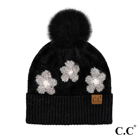 C.C Daisy Pattern Beanie With Pom