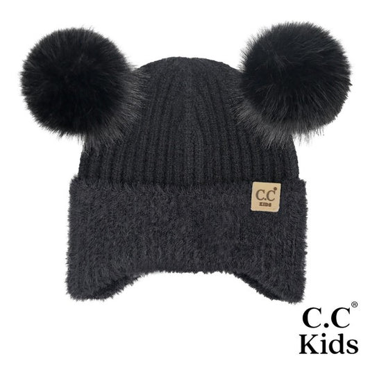 C.C Kids Fur Earflap Pom Pom Beanie