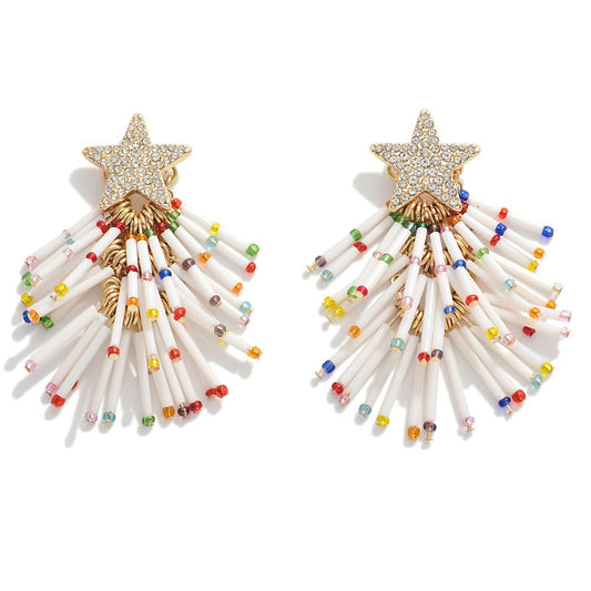 Beaded Tassel Christmas Tree Drop Earrings Featuring Rhinestone Star Accents