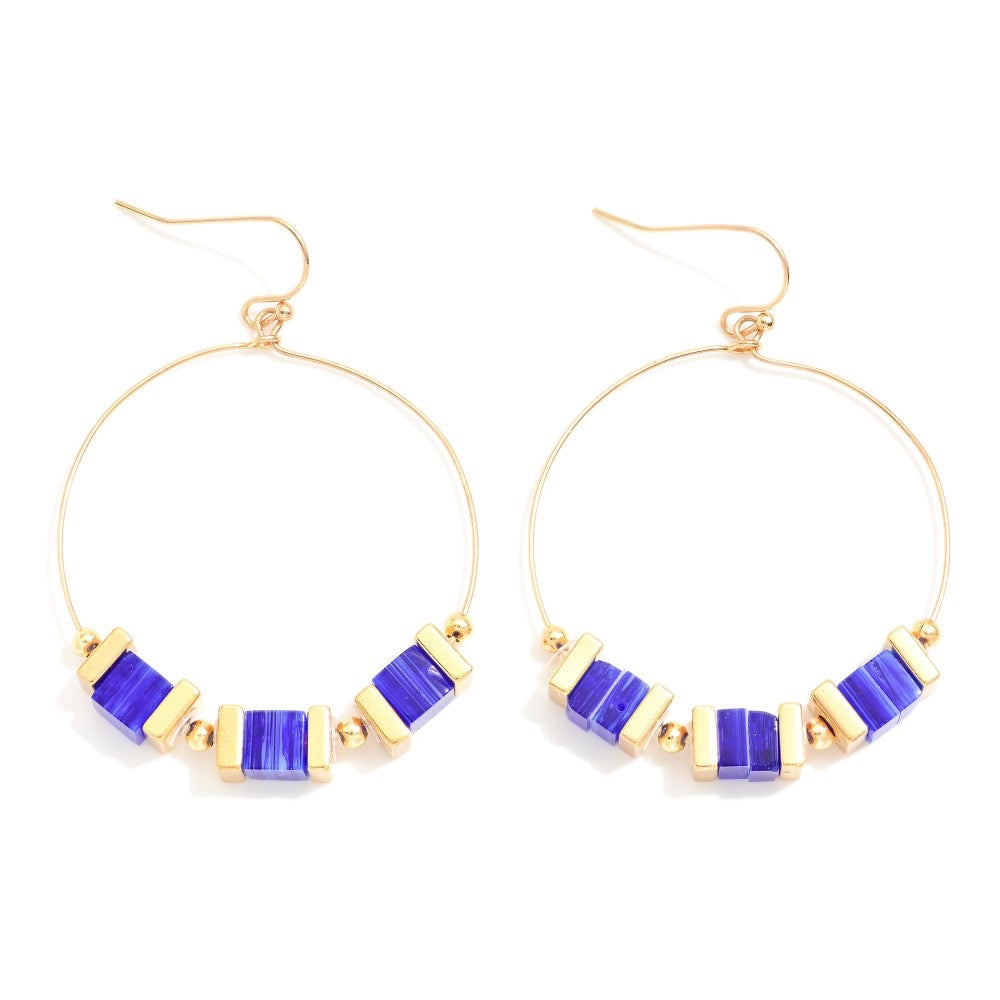 Stone & Metal Beaded Drop Hoop Earrings